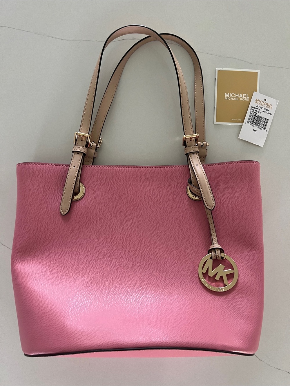 Michael Kors Pink Leather Tote with Tan Straps and Gold MK Charm